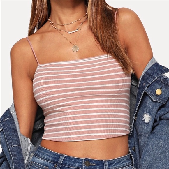 HP! Spaghetti Strap Ribbed Crop Top Pink and White - Picture 3 of 3